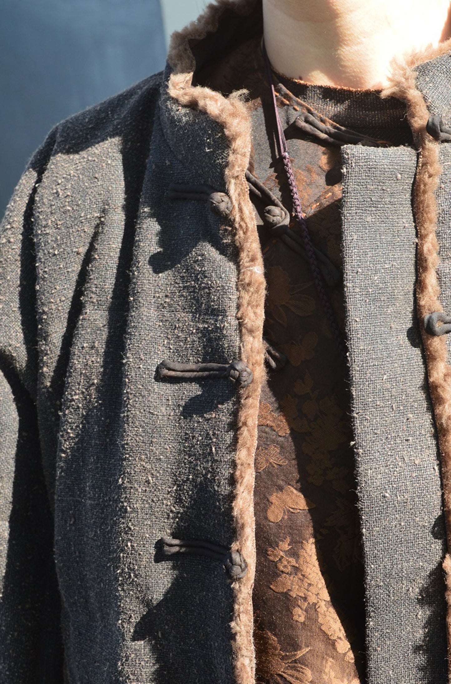 edoa Mud Tussah Silk Goose Down Chinese Coat 