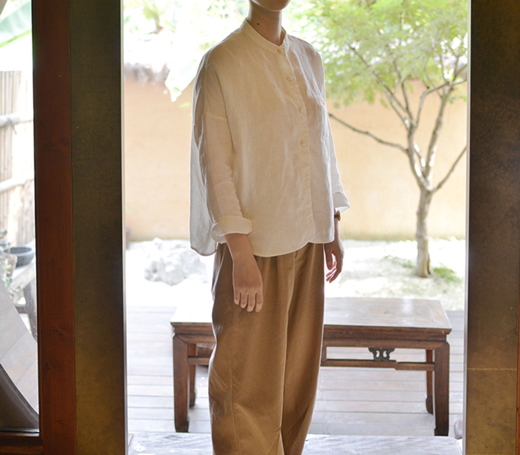 edoa Stand Collar Linen Chinese Shirt 