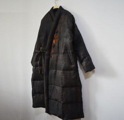 edoa Winter Loose Fitting Distressed Mud Silk Quilt Down Coat wih Hand Embroidery