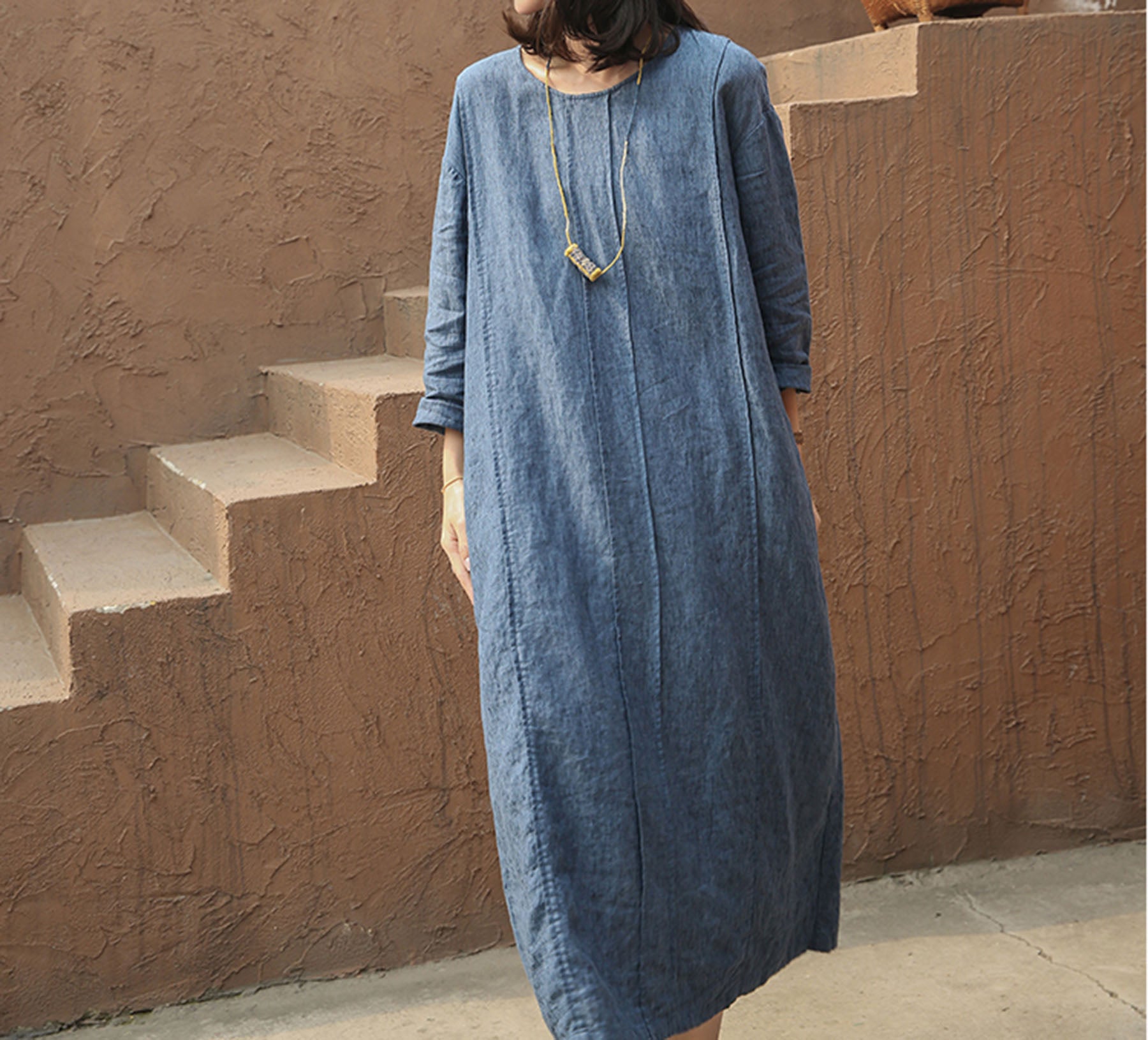 edoa Yarn Dyed Linen Dress with Pintucks 