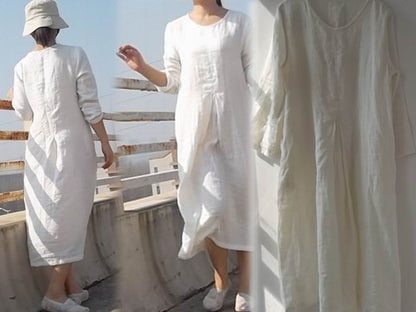 edoa Linen Pleated White Dress