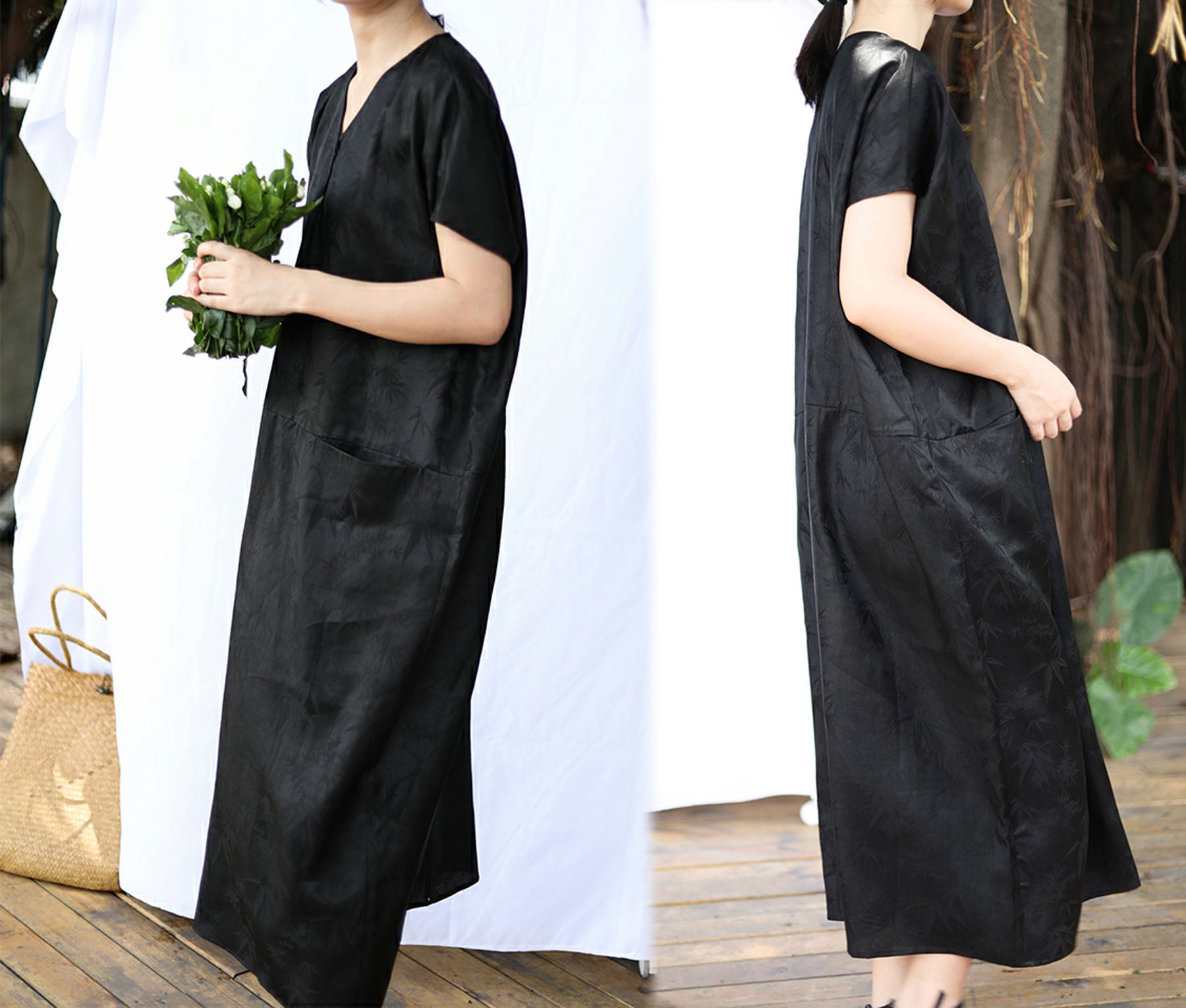 edoa Mud Silk Jacquard V-neck Dress