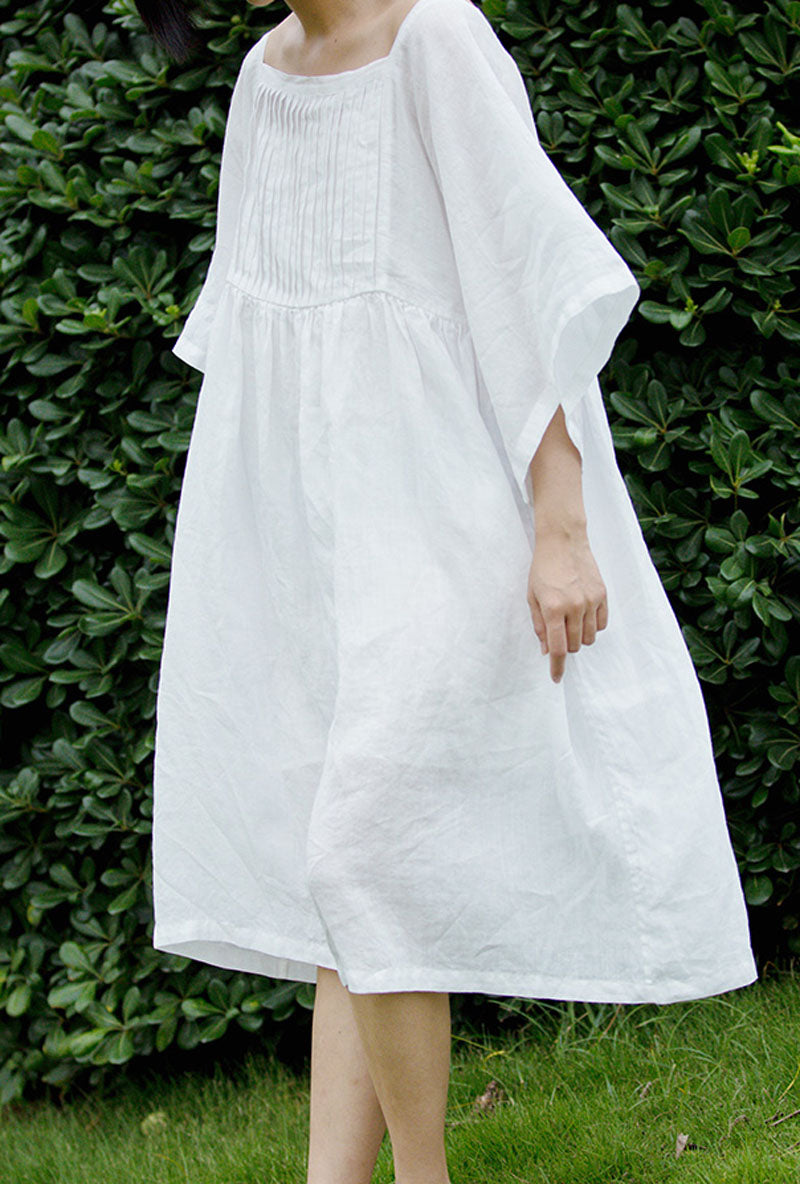 edoa White Ramie Pintucked Tunic Dress