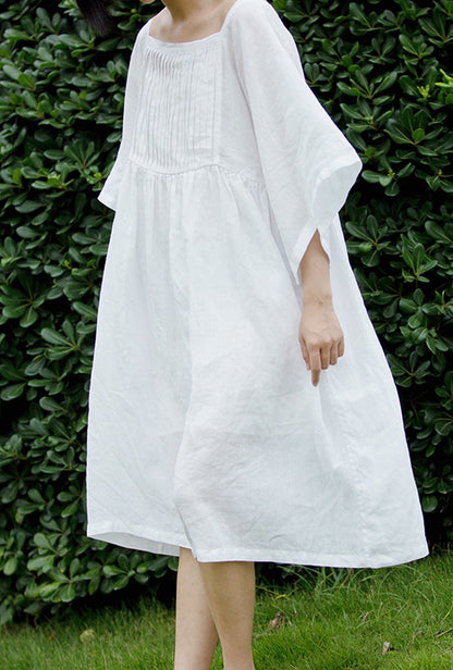 edoa White Ramie Pintucked Tunic Dress