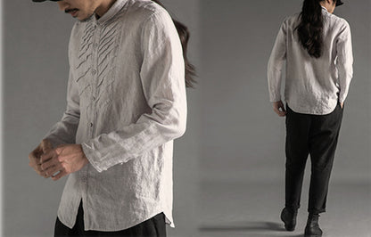 edoa Pintucked Washed Flax Linen Shirt 