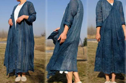 edoa Thin Linen Peacock Blue Cardigan Dress