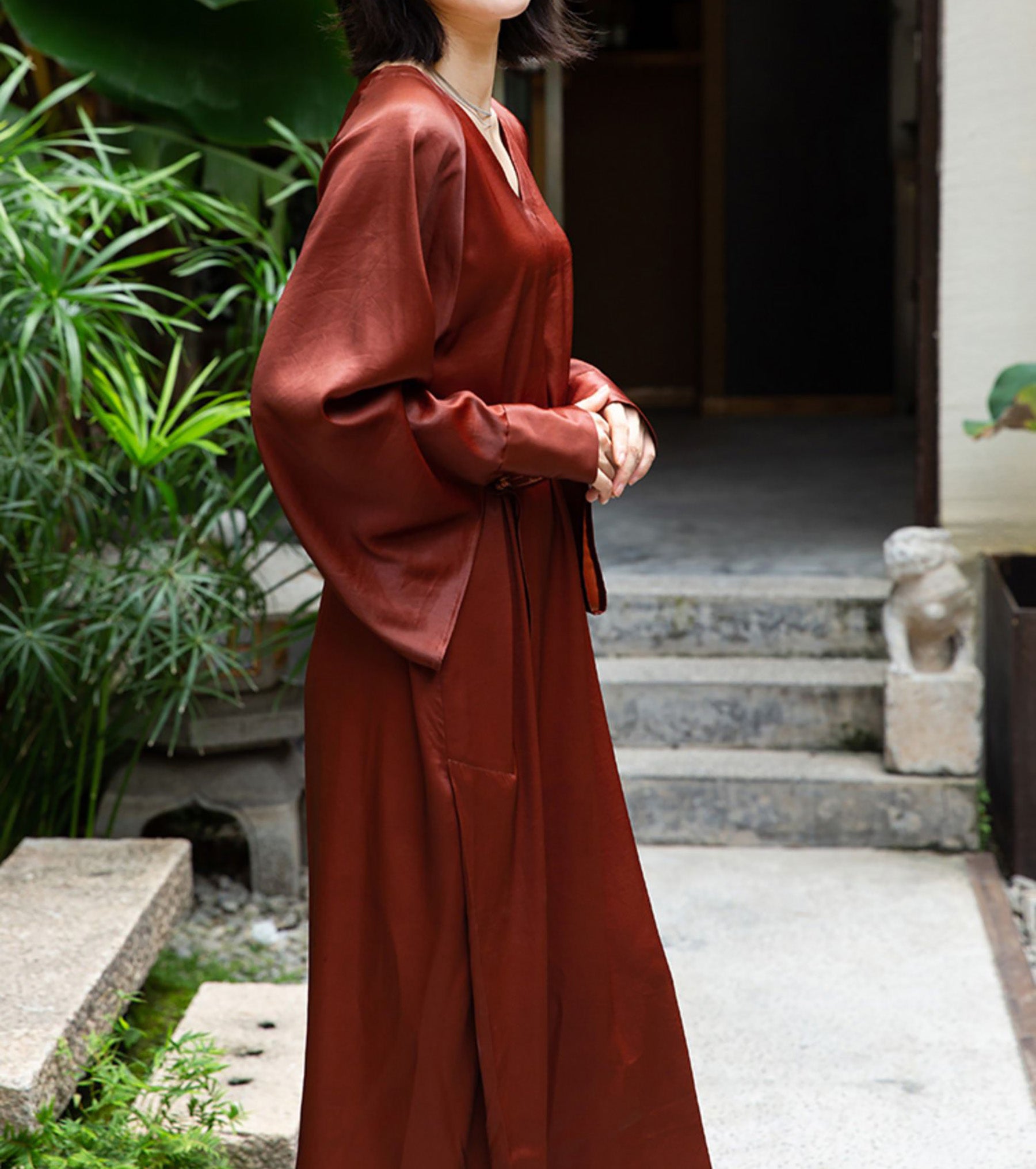 EDOA Mud Silk Satin V-Neck Kaftan Dress