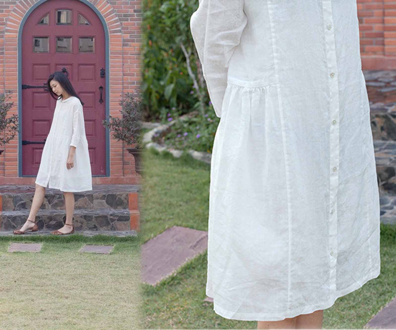 edoa White High Counted Ramie Button Down Dress