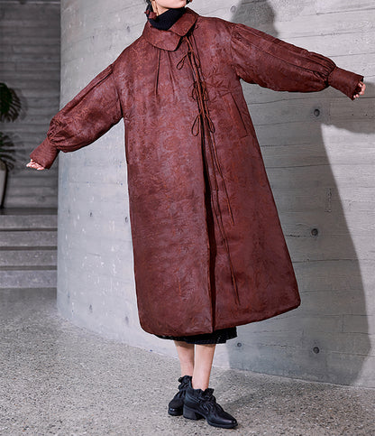 edoa Mud Silk Rayon Blend Jacquard Goose Down Long Coat 