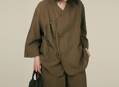 edoa Linen Chinese Cheongsam Collar Shirt 