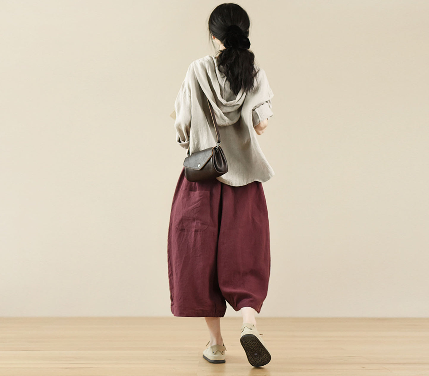 edoa Loose Washed Flax Linen Hooded Pullover 