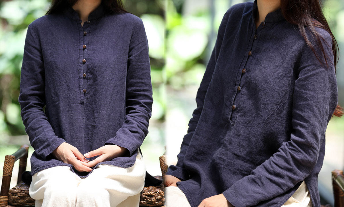 Stand Collar Washed Linen Cotton Blent Shirt to0272 166