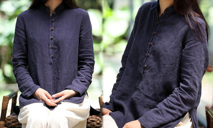 Stand Collar Washed Linen Cotton Blent Shirt to0272 166