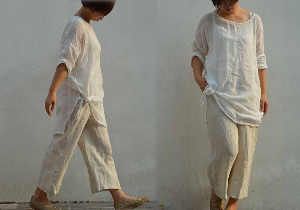 edoa Loose Fitting Linen Cropped Wide Leg Pants 