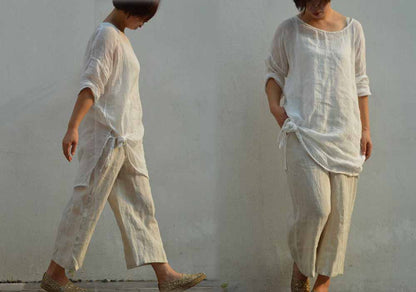 edoa Loose Fitting Linen Cropped Wide Leg Pants 