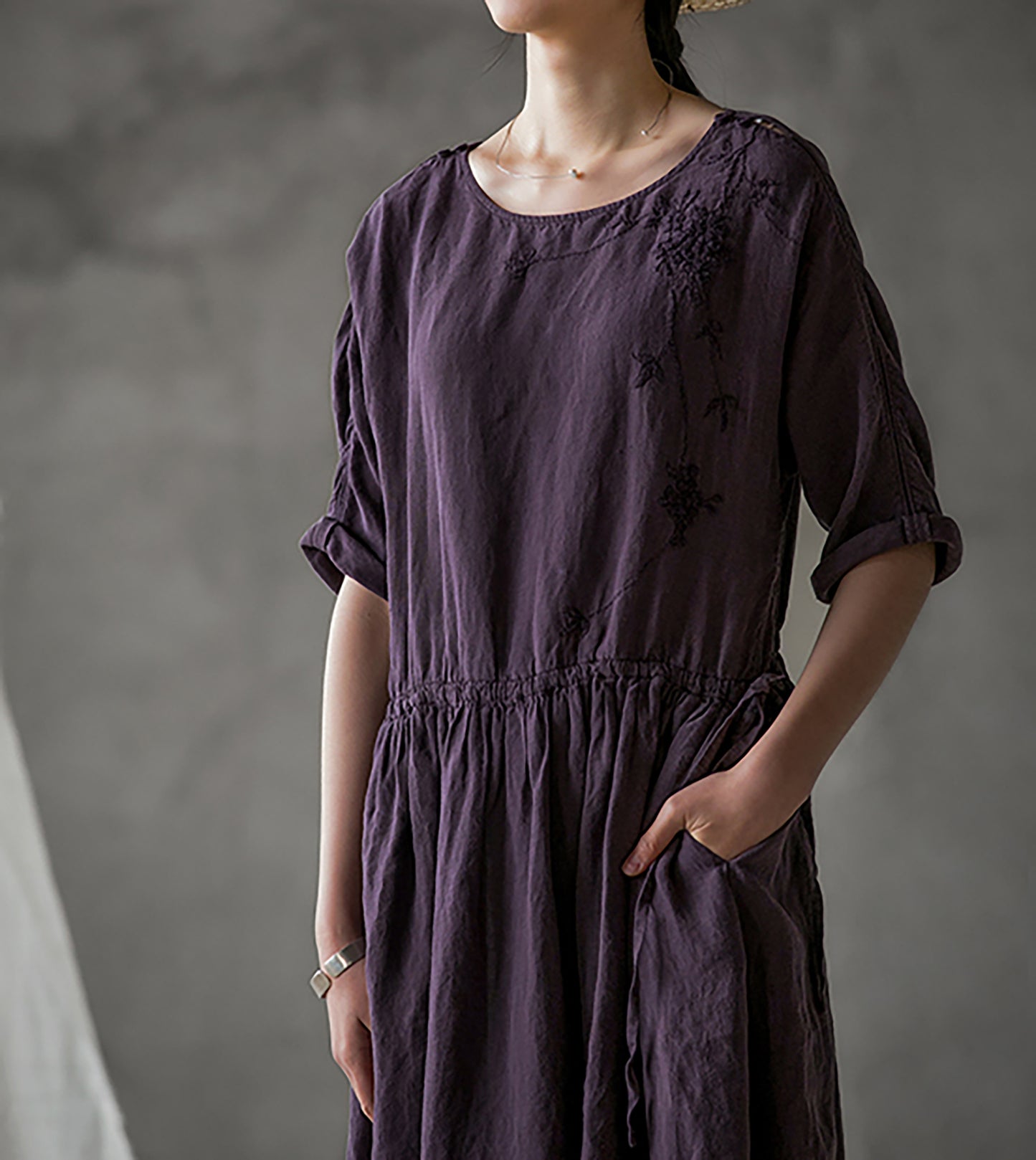 edoa Light Weight Linen Dress with Hand Embroidery