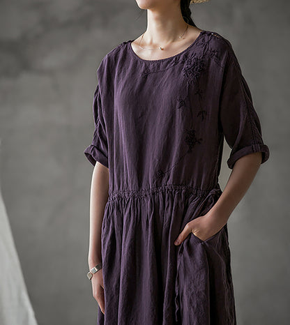 edoa Light Weight Linen Dress with Hand Embroidery