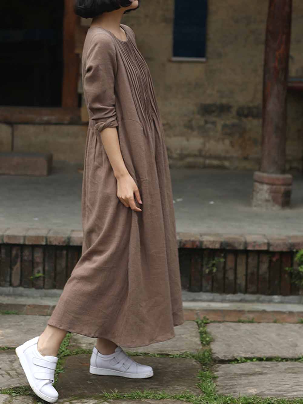 edoa Hand Pintucked Crinkled Linen Floor-length Dress