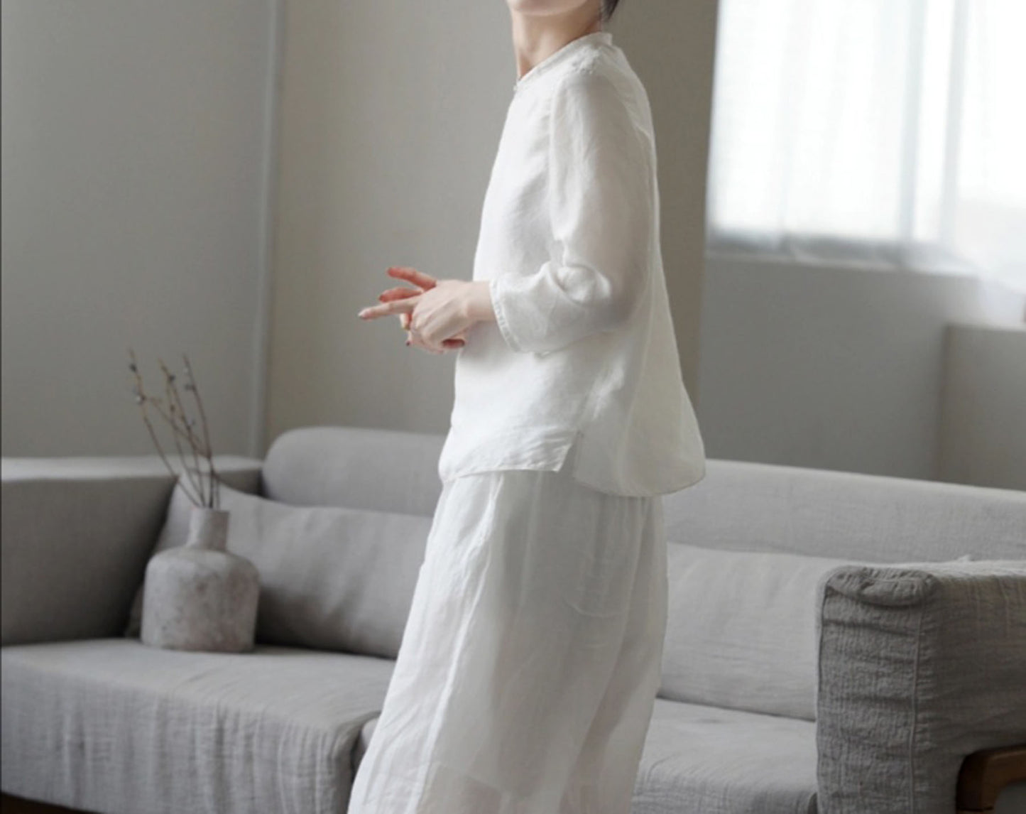 edoa White Thin Dupioni Silk Qipao