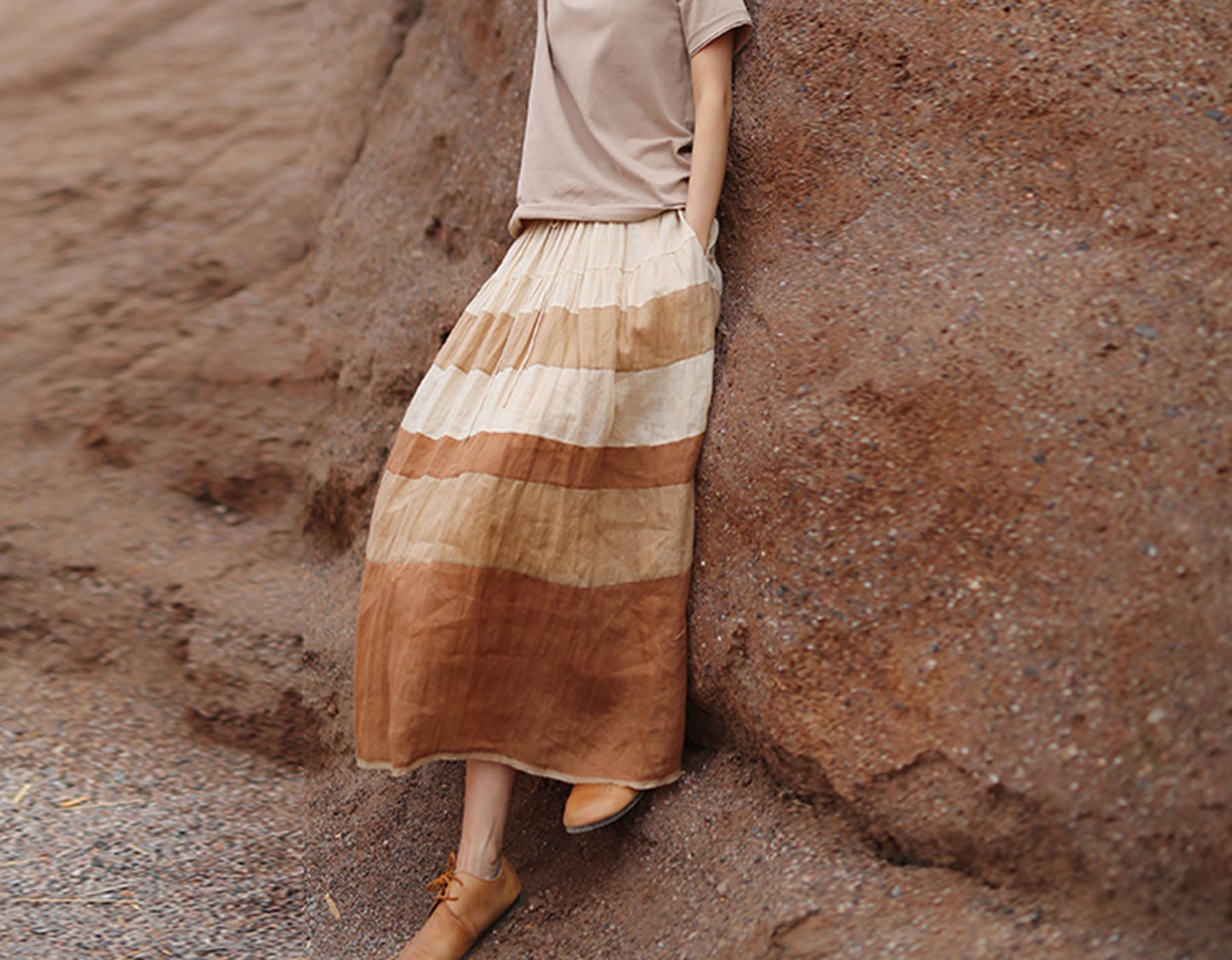 edoa Ramie Gauzy Patchwork Tiered Skirt