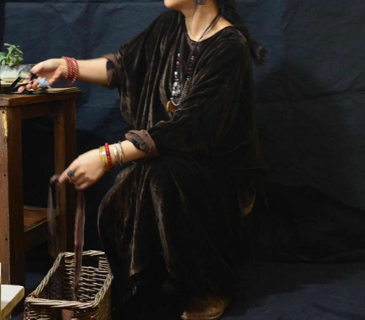 edoa Silk Velvet Long Dress