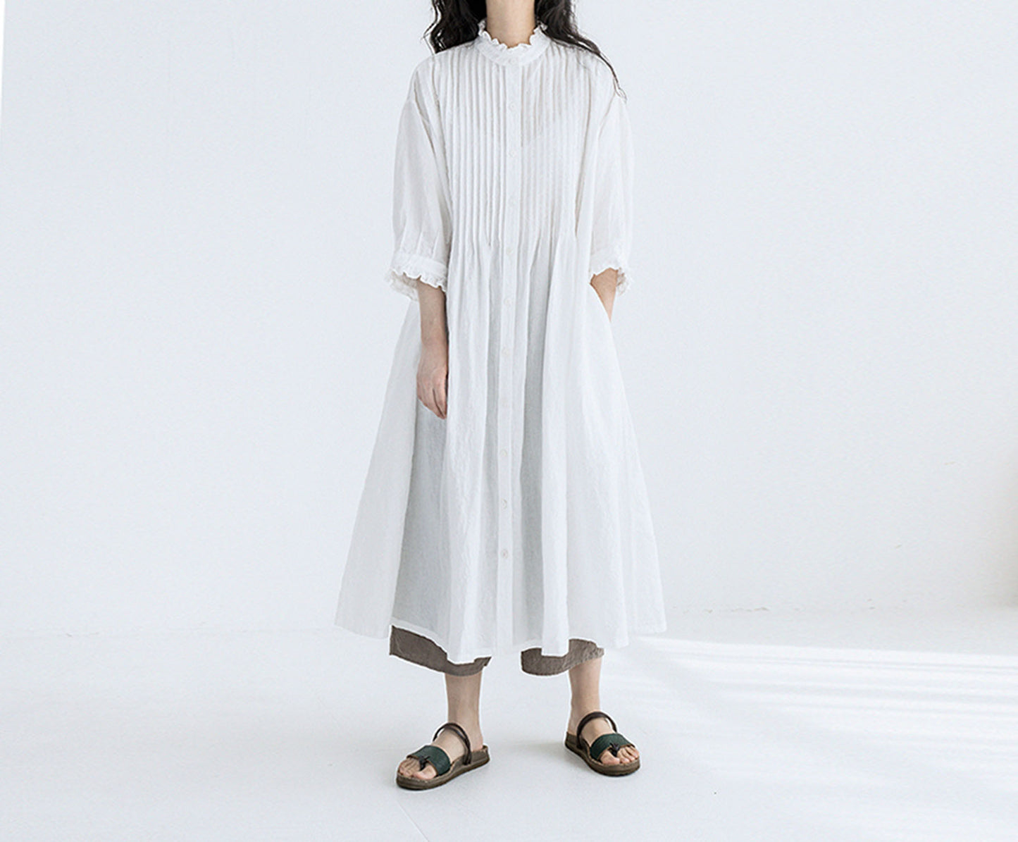 edoa High Counted Linen Pintucked Shirt Dress