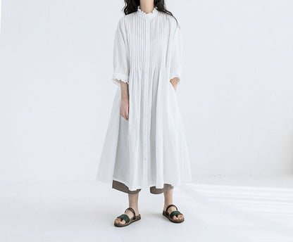 edoa High Counted Linen Pintucked Shirt Dress