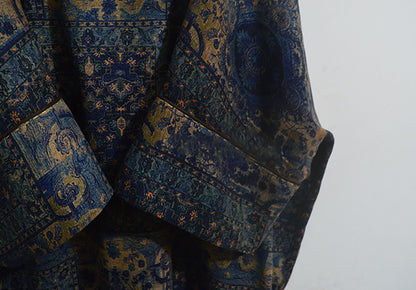 edoa Loose Fitting Printed Mud Silk V-neck Chinese Tunic