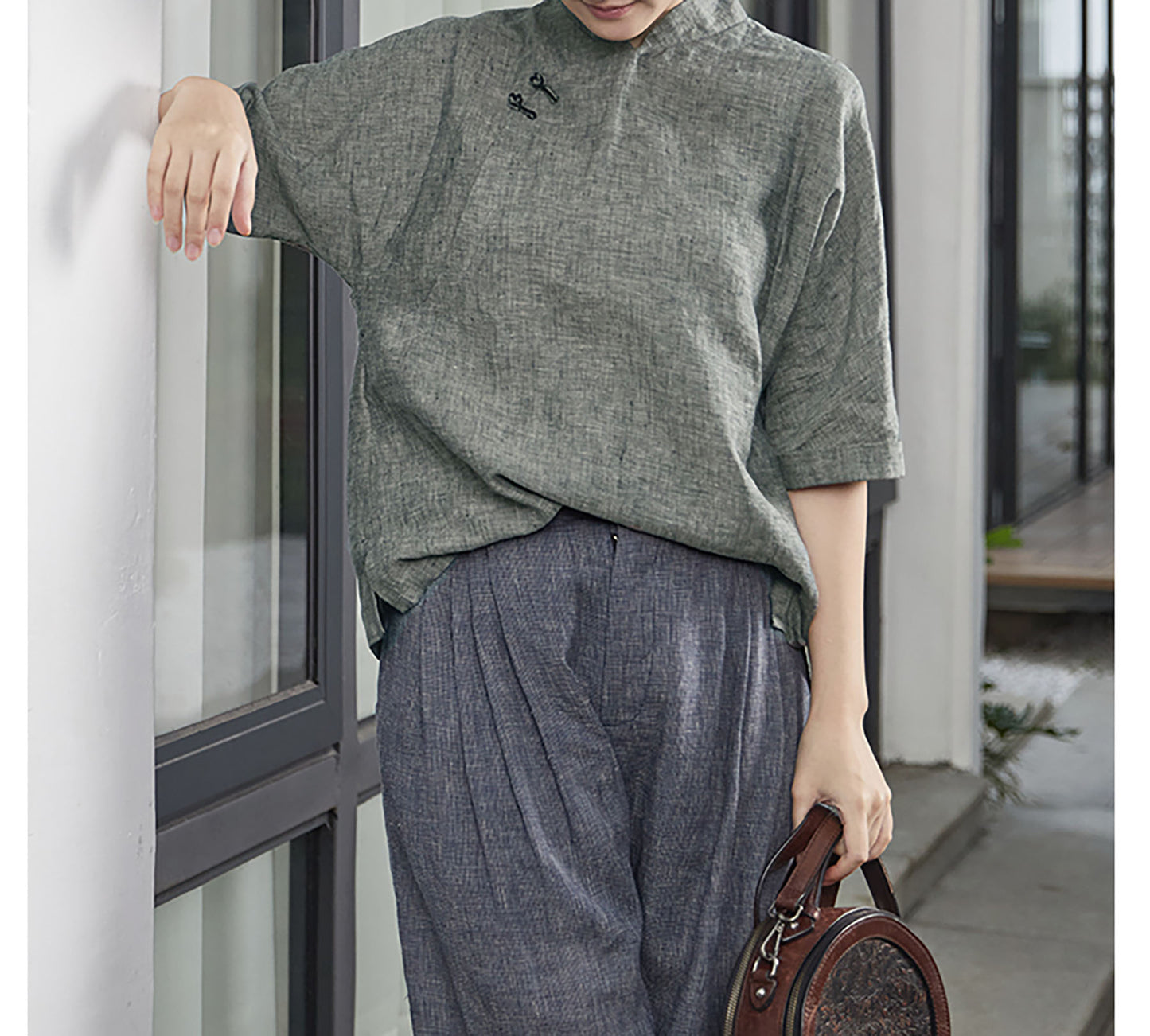 edoa Yarn Dyed Linen Chinese Shirt
