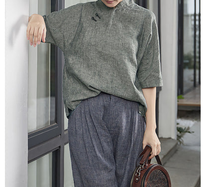 edoa Yarn Dyed Linen Chinese Shirt