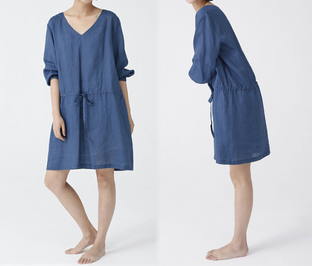 edoa Washed Ramie V-neck Bracelet Sleeve Dress 