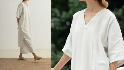 edoa Loose Fitting V-neck French Linen Dress