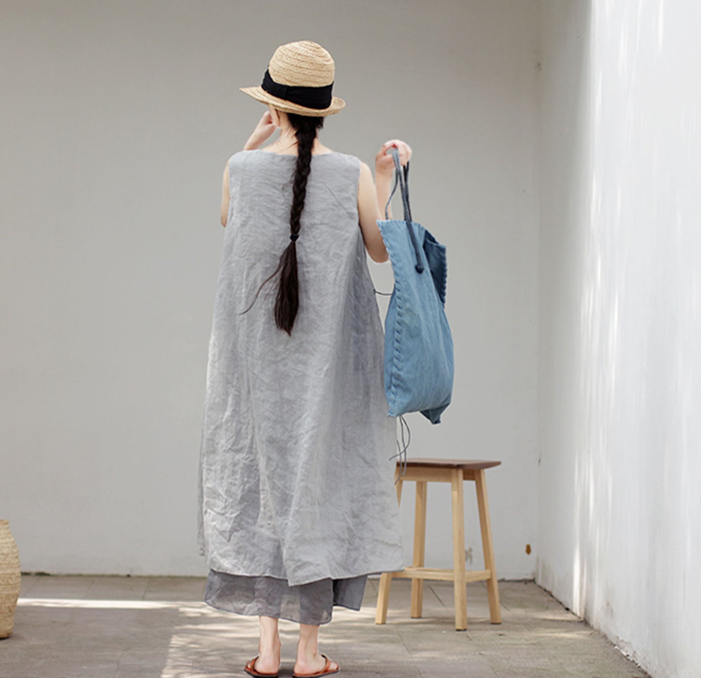 edoa Two Layer Ramie Long Sleeveless Dress