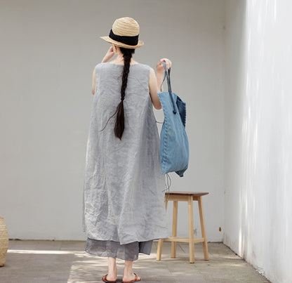 edoa Two Layer Ramie Long Sleeveless Dress