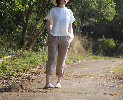 edoa White Oversized Linen Square Top with Twisted neck