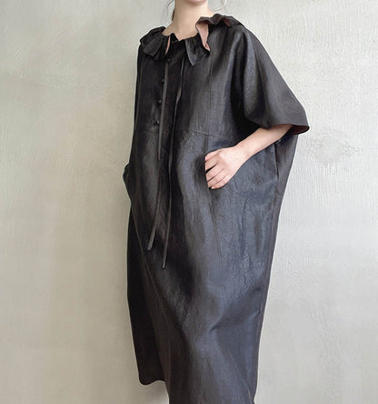 edoa Oversized Cracked Mud Silk Ruffle Neck Dress 
