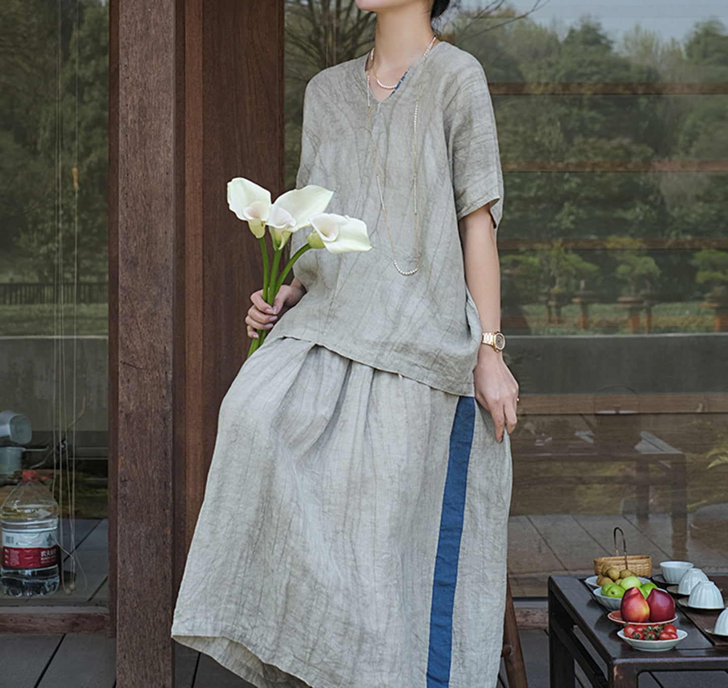 edoa Crinkled Linen Split Neck Tunic