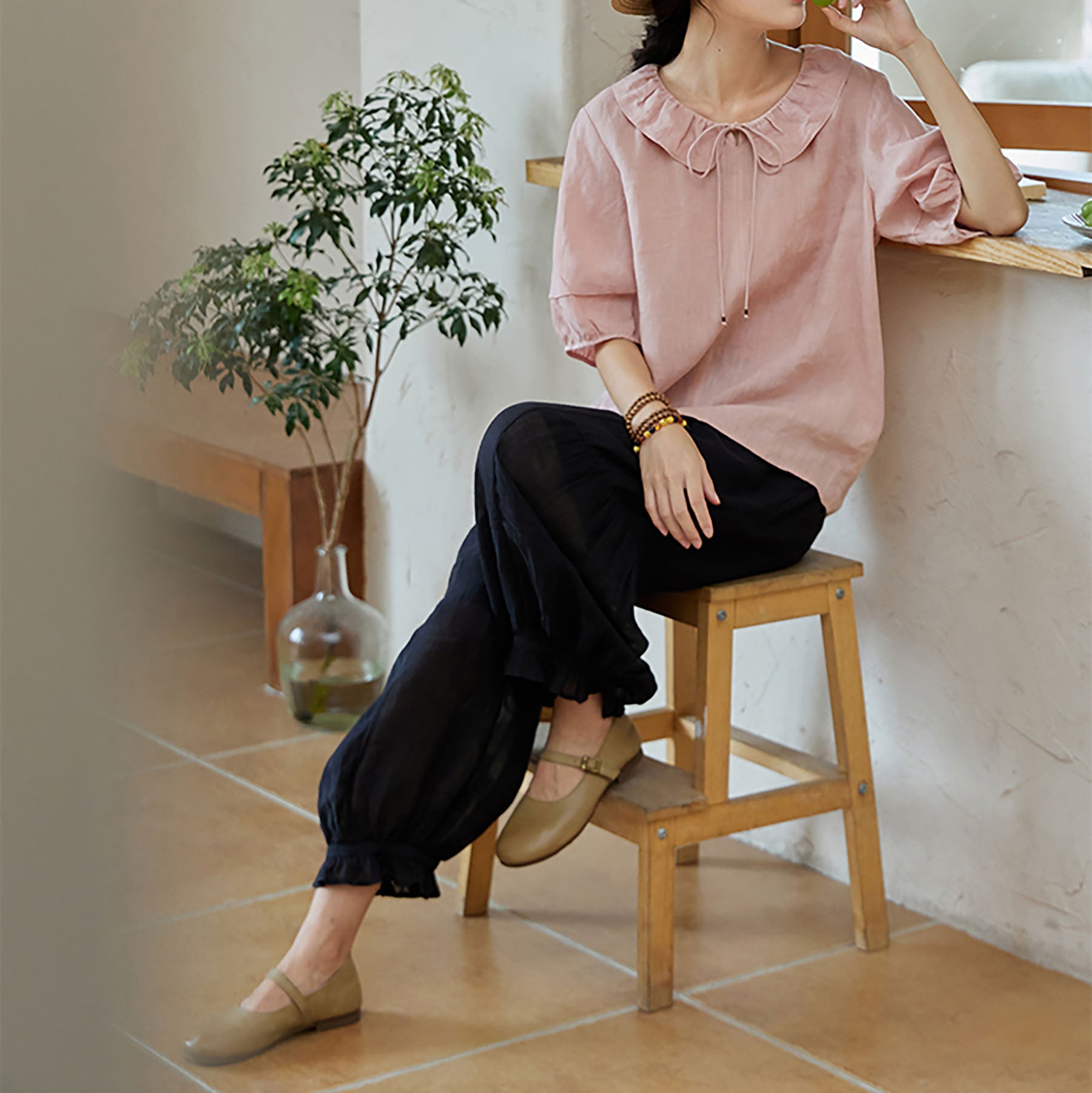 edoa Pink Linen Ruffle Blouse