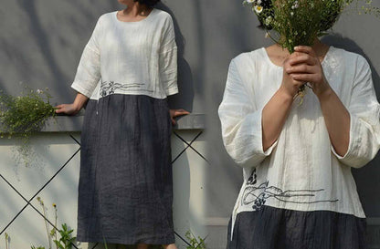 edoa Hand Embroidered Bi-color Ramie Dress