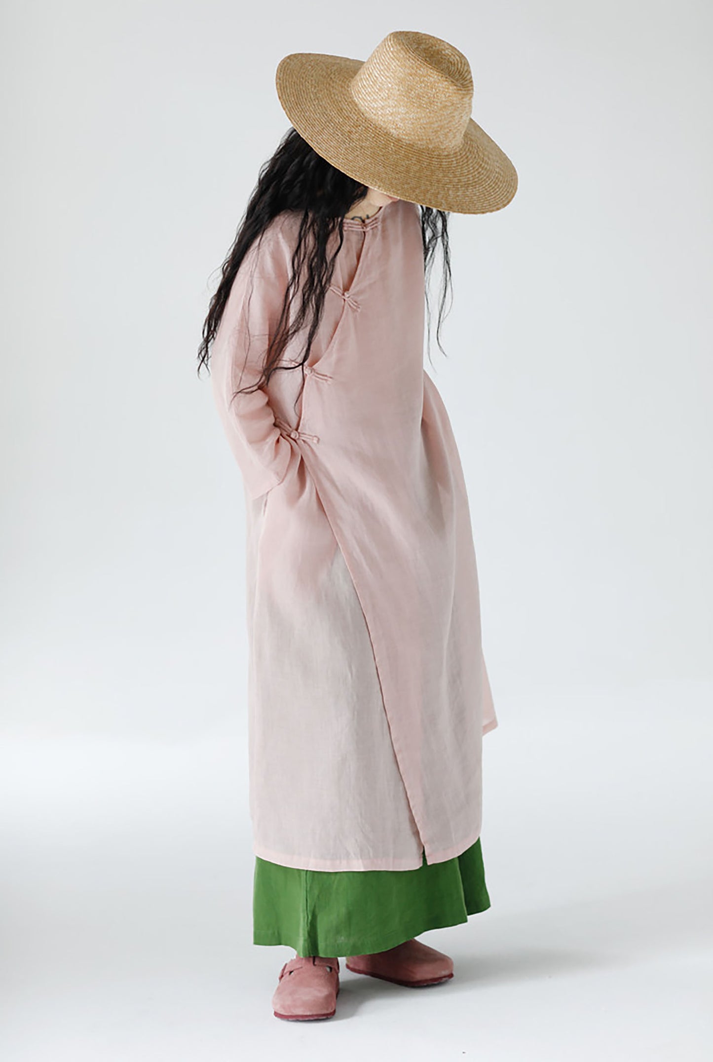 edoa Loose New Chinese Style Pink Ramie Bracelet Sleeve Cheongsam Dress