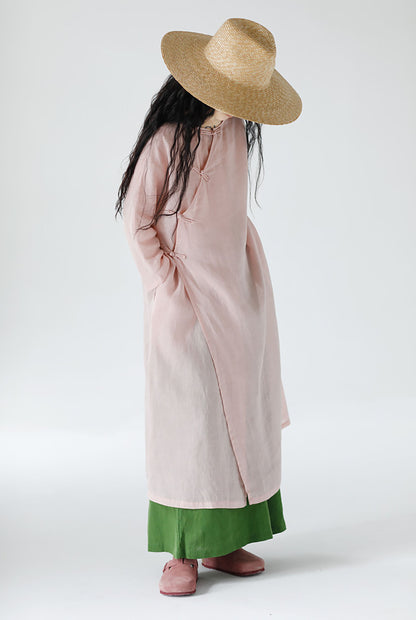 edoa Loose New Chinese Style Pink Ramie Bracelet Sleeve Cheongsam Dress
