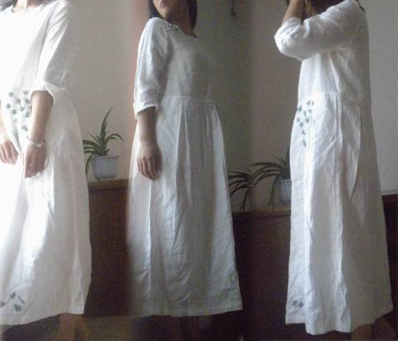 edoa Hand Embroidered White Linen Dress