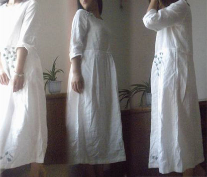 edoa Hand Embroidered White Linen Dress