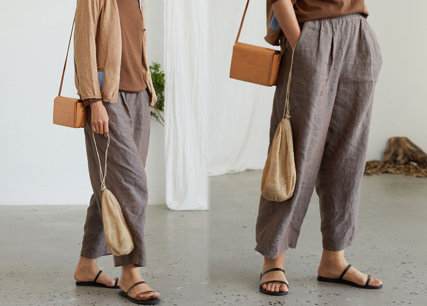 edoa Yarn Dyed Linen Wide-leg Pants