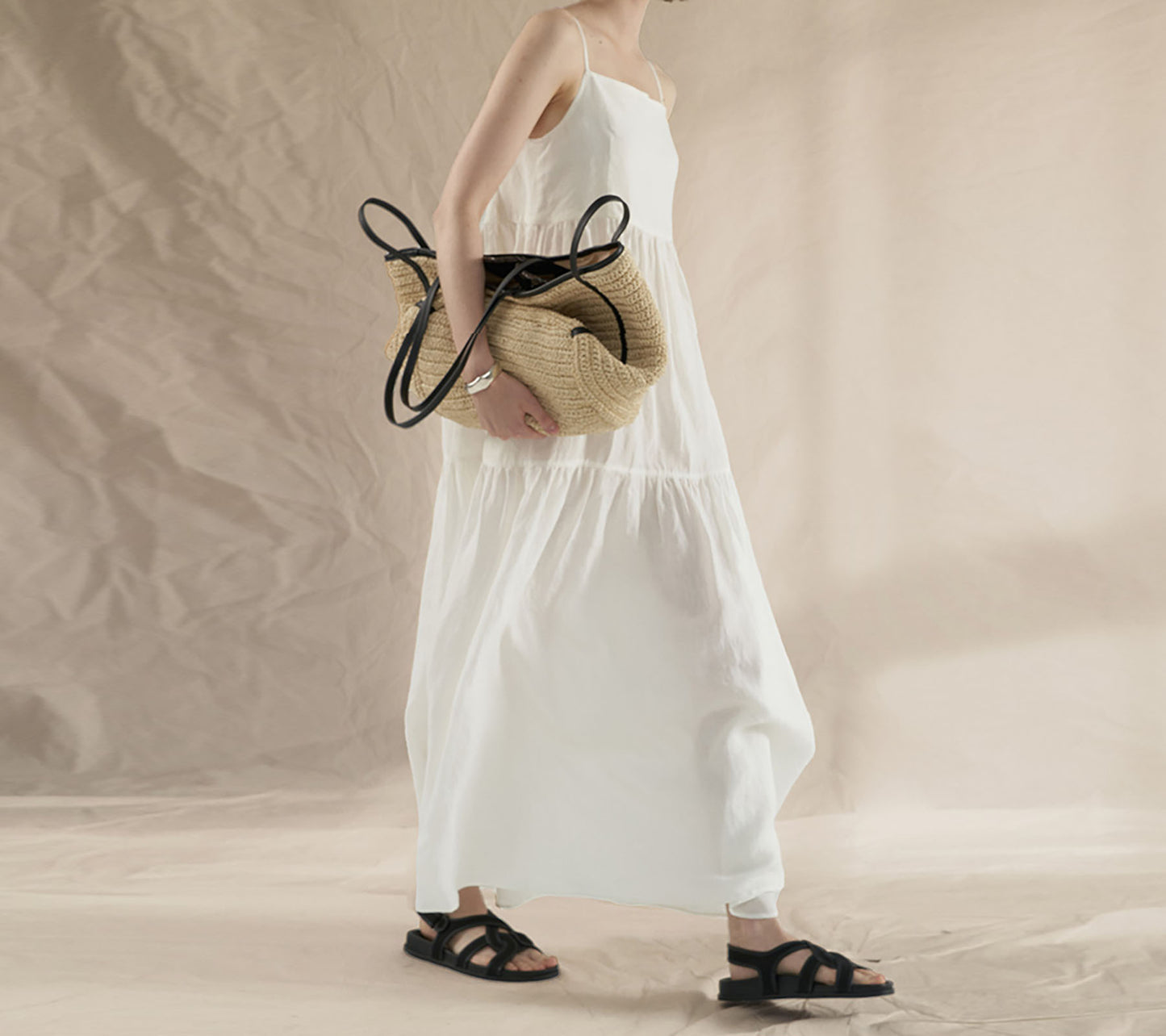 edoa White Linen Tiered Camisole Dress 