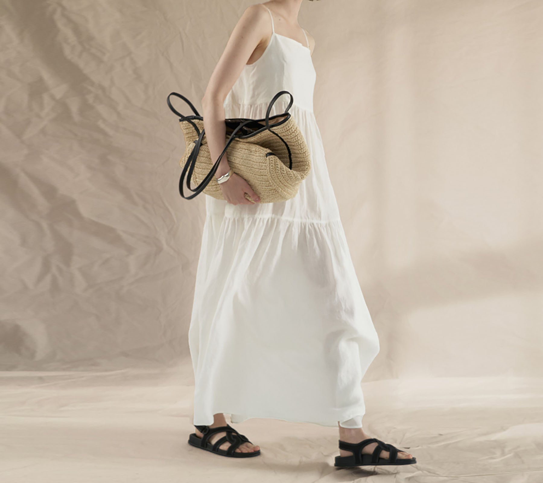 edoa White Linen Tiered Camisole Dress 