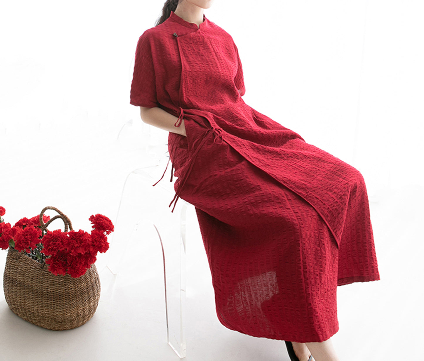 edoa Scarlet Crinkled Stripe Linen Blend Qipao Dress