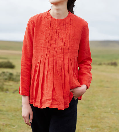 edoa Pleated Trapezed Linen Blouse with Toned Hand Embroidery
