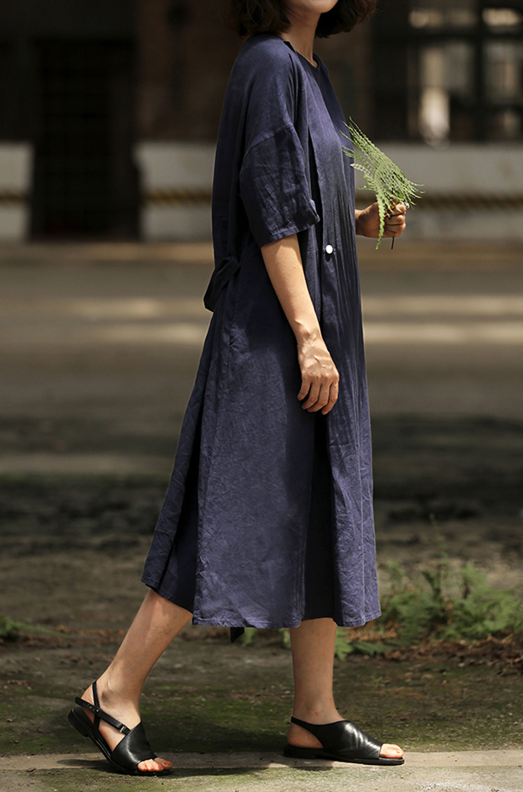 edoa Loose Pleated Linen Long Dress 