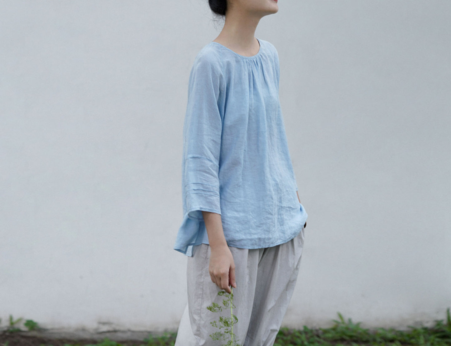 edoa Baby Blue Washed High Count Linen Blouse